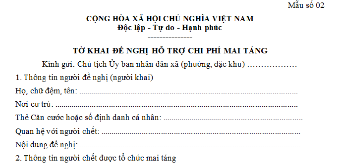 Tờ khai đề nghị hỗ trợ chi phí mai táng