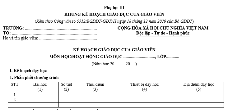 Phụ lục III khung kế hoạch giáo dục của giáo viên