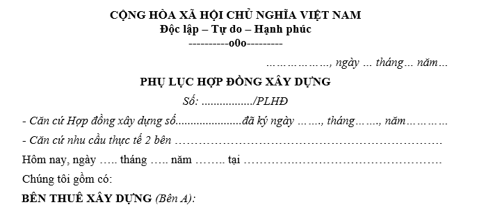 Mẫu phụ lục hợp đồng xây dựng