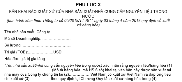 Mẫu Phụ lục X khai báo xuất xứ