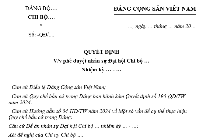 Mẫu Quyết định phê duyệt nhân sự Đại hội chi bộ