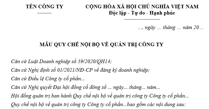 Mẫu quy chế quản trị nội bộ công ty