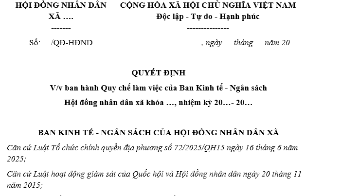 Quy chế làm việc của Ban Kinh tế Ngân sách Hội đồng nhân dân xã? Ban Kinh tế Ngân sách được thành lập ở những cấp nào?