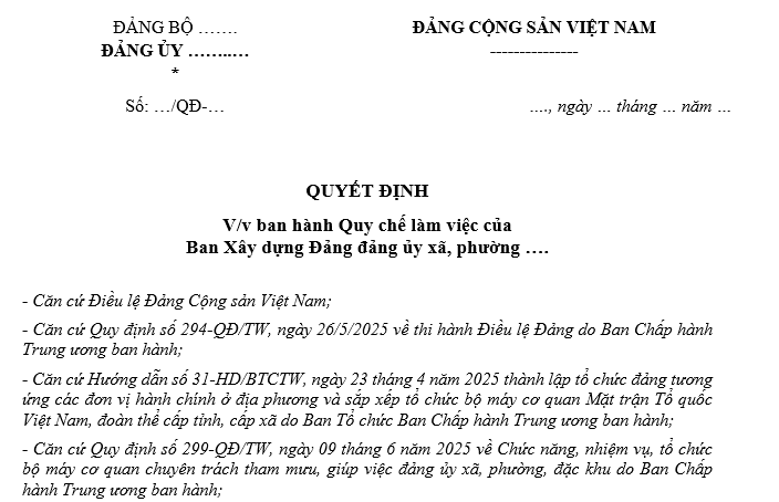 Mẫu Quy chế làm việc của Ban Xây dựng Đảng đảng ủy xã, phường