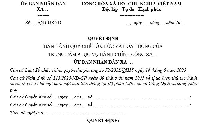 Mẫu Quy chế hoạt động của Trung tâm hành chính công cấp xã