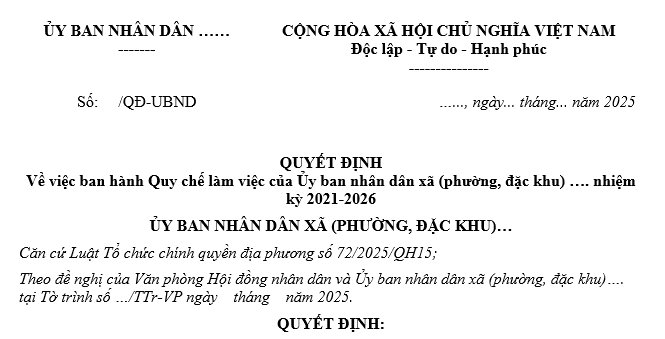 Mẫu Quy chế làm việc của UBND xã mới nhất