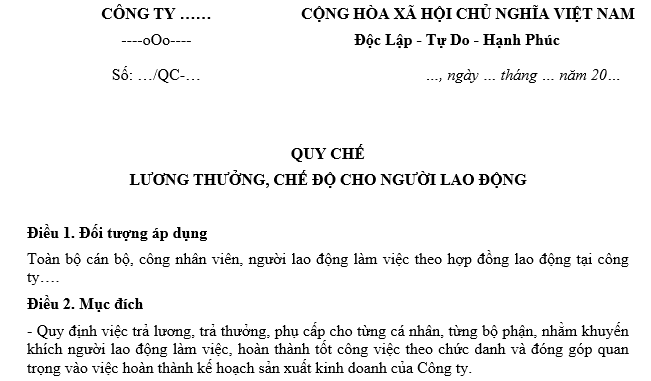 Mẫu Quy chế lương thưởng Công ty TNHH mới nhất