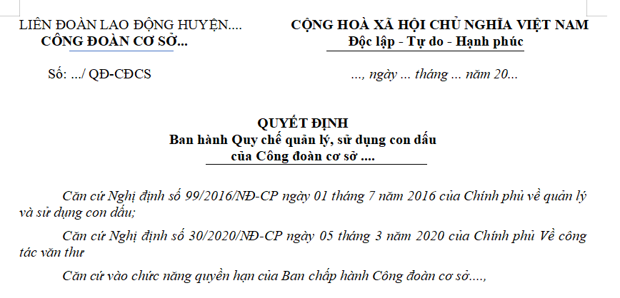 Mẫu Quy chế sử dụng con dấu công đoàn