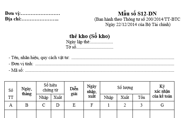 Mẫu thẻ kho Excel theo Thông tư 200