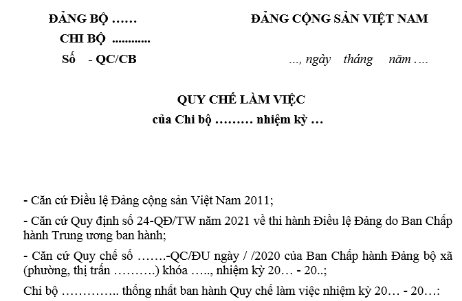 Mẫu Quy chế làm việc của chi bộ cơ sở mới nhất?