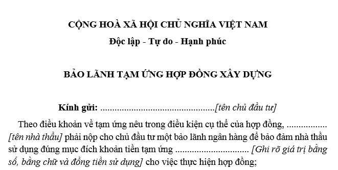 Mẫu bảo lãnh tạm ứng hợp đồng xây dựng