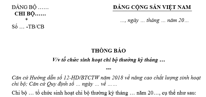 Mẫu thông báo sinh hoạt chi bộ mới nhất