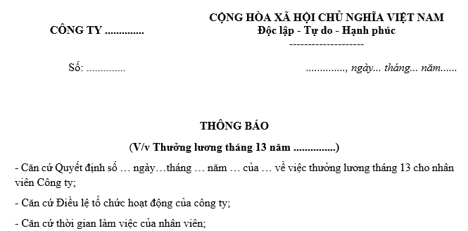 Mẫu thông báo thưởng lương tháng 13