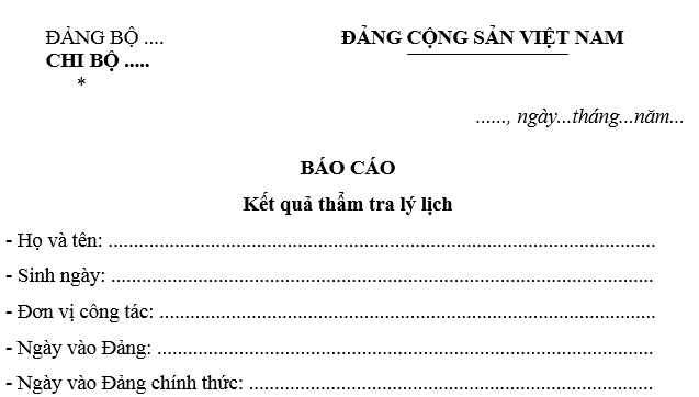 Mẫu báo cáo kết quả thẩm tra lý lịch Đảng viên