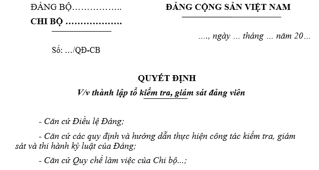 Mẫu quyết định thành lập tổ kiểm tra, giám sát đảng viên