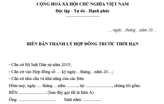 Mẫu biên bản thanh lý hợp đồng trước thời hạn chuẩn pháp lý?