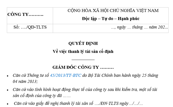 Mẫu Quyết định thanh lý tài sản cố định mới nhất