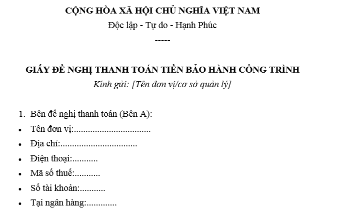 Mẫu giấy đề nghị thanh toán tiền bảo hành công trình