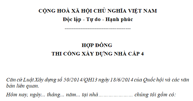 Mẫu Hợp đồng thi công xây dựng nhà cấp 4 mới nhất