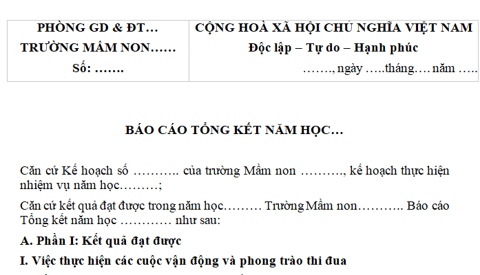 Mẫu Báo cáo tổng kết công tác thi đua khen thưởng trường mầm non cuối năm