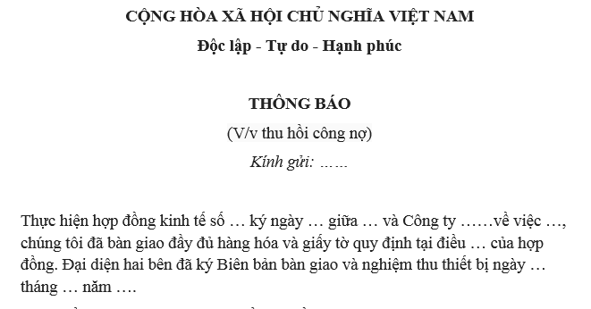 Mẫu thông báo thu hồi công nợ cuối năm