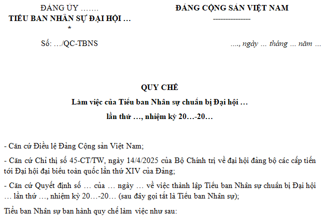 Mẫu Quy chế làm việc của tiểu ban nhân sự đại hội đảng
