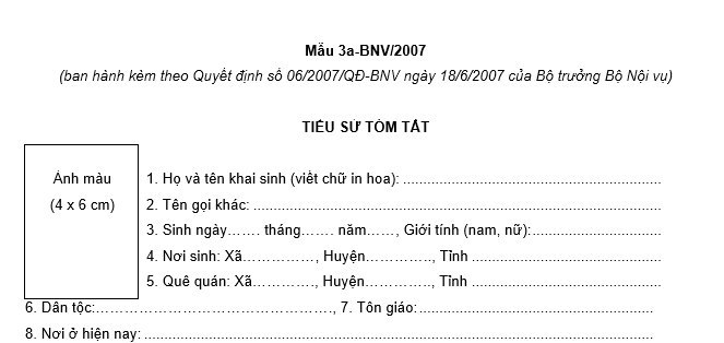 Mẫu tiểu sử tóm tắt cán bộ công chức Mẫu 03a-BNV/2007