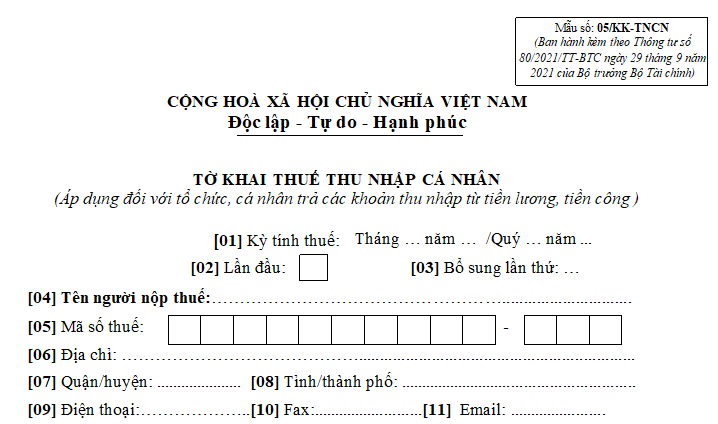 Mẫu Tờ khai 05 KK TNCN TT80 mới nhất