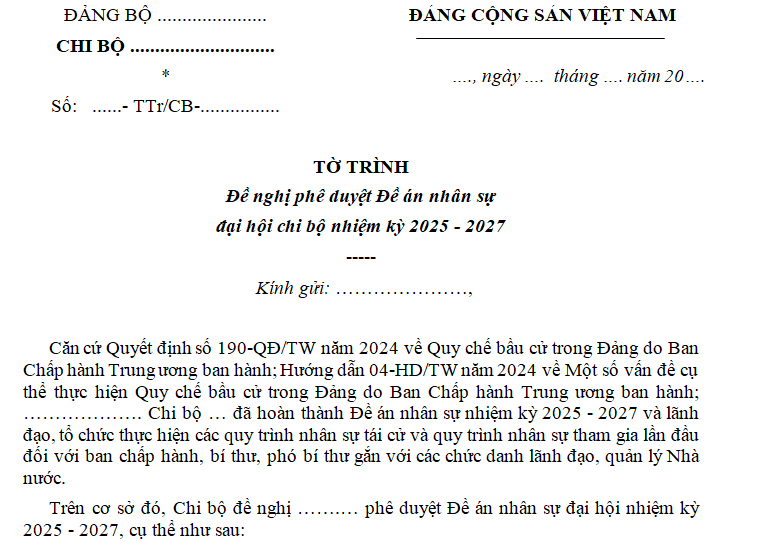 Mẫu phê duyệt đề án nhân sự đại hội chi bộ? Tờ trình đề nghị phê duyệt nhân sự đại hội chi bộ nhiệm kỳ 25 27?