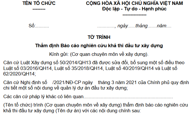 Mẫu Tờ trình thẩm định Báo cáo nghiên cứu khả thi đầu tư xây dựng mới nhất