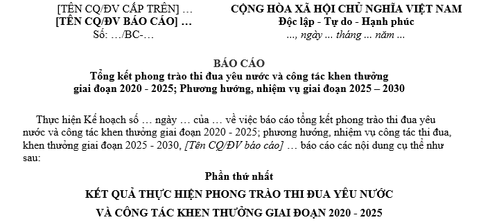 Mẫu Báo cáo tổng kết phong trào thi đua yêu nước 5 năm