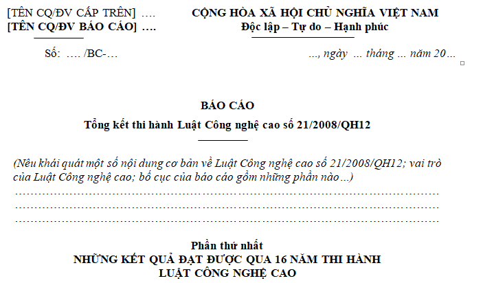 Mẫu Báo cáo tổng kết thi hành Luật Công nghệ cao 2008
