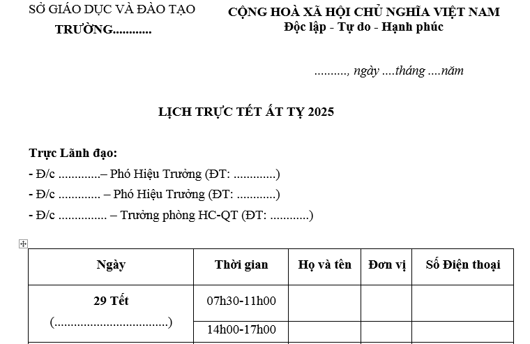 Mẫu lịch trực Tết Nguyên đán 2025 cho trường học