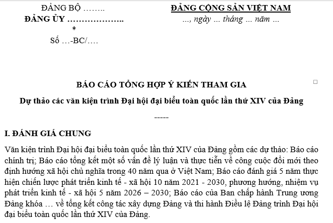 Báo cáo tổng hợp ý kiến tham gia vào dự thảo văn kiện trình Đại hội XIV của Đảng 