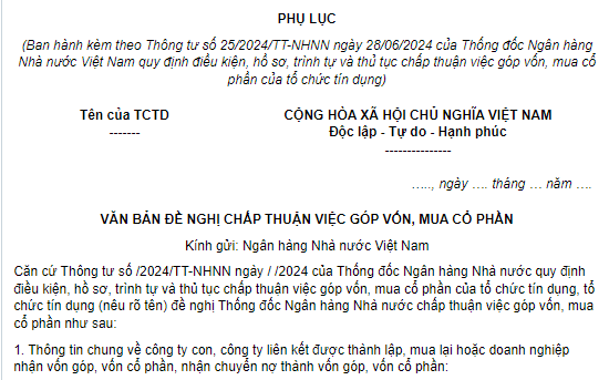 Mẫu văn bản đề nghị chấp thuận việc góp vốn, mua cổ phần của tổ chức tín dụng