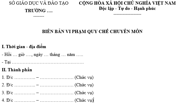 Mẫu biên bản xử lý giáo viên vi phạm quy chế chuyên môn