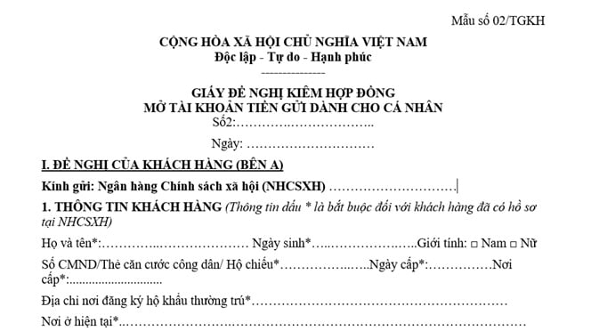 Mẫu giấy đề nghị kiêm hợp đồng mở tài khoản tiền gửi dành cho cá nhân (tại ngân hàng chính sách xã hội)?