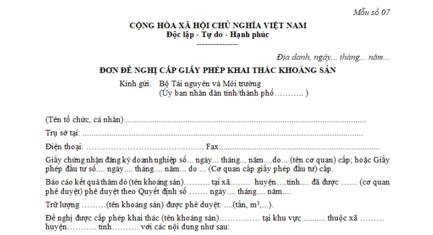 Mẫu Đơn đề nghị cấp giấy phép khai thác khoáng sản là mẫu nào?