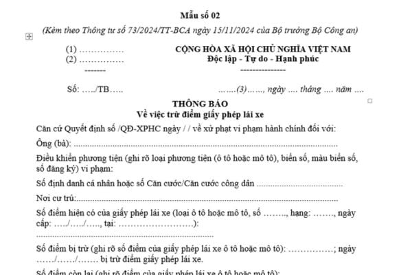 Mẫu Thông báo trừ điểm giấy phép lái xe mới nhất theo Thông tư 73? Trừ điểm giấy phép lái xe như thế nào?