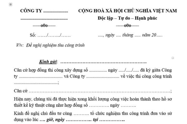 Mẫu Công văn yêu cầu nghiệm thu công trình mới nhất? Tải mẫu? Việc nghiệm thu công trình xây dựng bao gồm những gì?