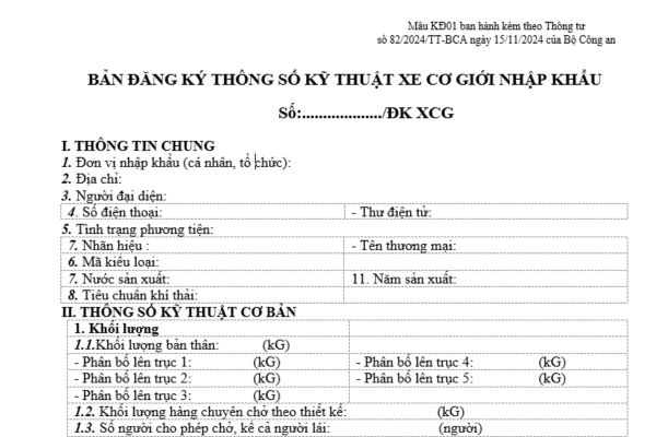 Mẫu bản đăng ký thông số kỹ thuật xe cơ giới nhập khẩu mới nhất? Căn cứ xác định năm sản xuất của xe cơ giới nhập khẩu?