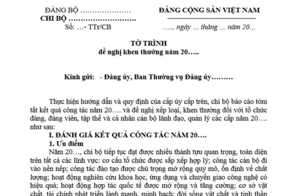 Mẫu Tờ trình đề nghị khen thưởng chi bộ trong sạch vững mạnh mới nhất? Quy trình xét khen thưởng chi bộ?