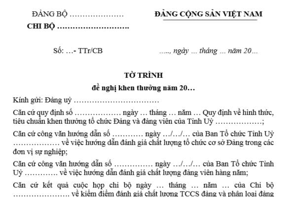 Mẫu Tờ trình đề nghị khen thưởng chi bộ trong sạch vững mạnh mới nhất? Quy trình xét khen thưởng chi bộ?