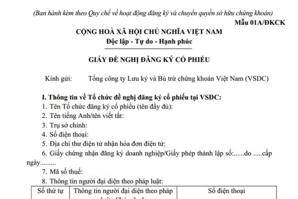 Mẫu Giấy đề nghị đăng ký cổ phiếu tại VSDC mới nhất như thế nào? Tải mẫu ở đâu? Thời hạn xử lý hồ sơ đăng ký cổ phiếu?