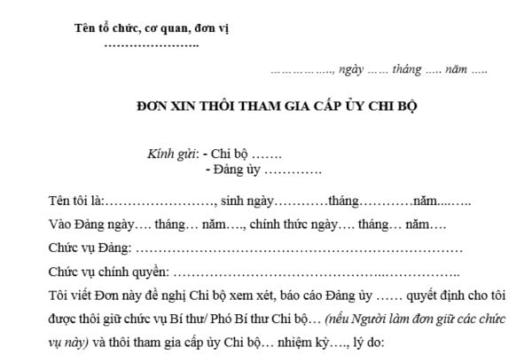 Mẫu Đơn xin thôi tham gia cấp ủy chi bộ mới nhất? Tải mẫu? Cấp ủy viên xin thôi tham gia cấp ủy thì ai có quyết định?