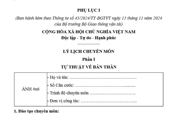 Mẫu lý lịch chuyên môn để cấp chứng chỉ đăng kiểm viên mới nhất theo Thông tư 45? Công việc chuyên môn của đăng kiểm viên bao gồm những gì?