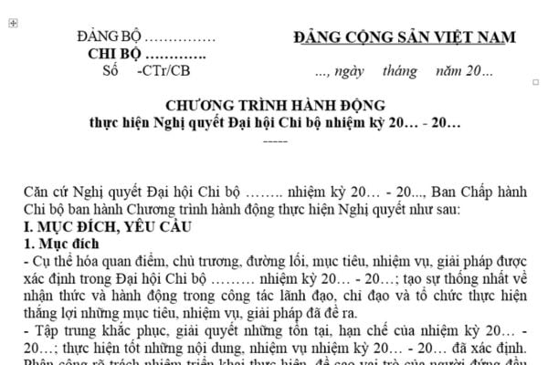 Mẫu Chương trình hành động thực hiện Nghị quyết Đại hội Chi bộ mới nhất là mẫu nào? Tải mẫu ở đâu?