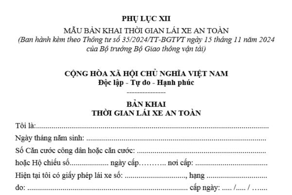 Thời gian lái xe an toàn là gì? Mẫu Bản khai thời gian lái xe an toàn mới nhất hiện nay? Tải mẫu?