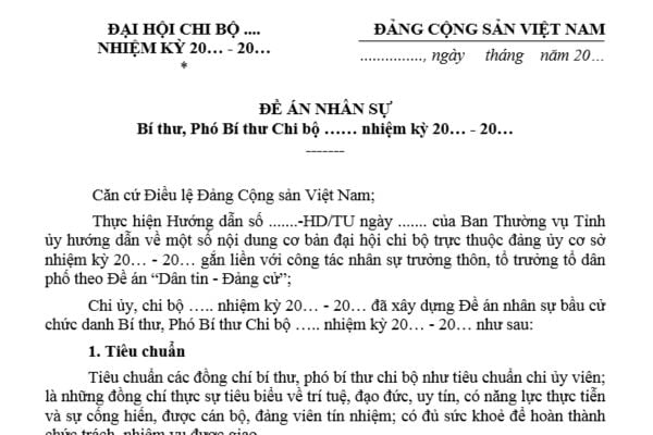 Mẫu Đề án nhân sự Bí thư, Phó bí thư Chi bộ nhiệm kỳ mới? Tải mẫu? Ai có trách nhiệm chuẩn bị đề án nhân sự?