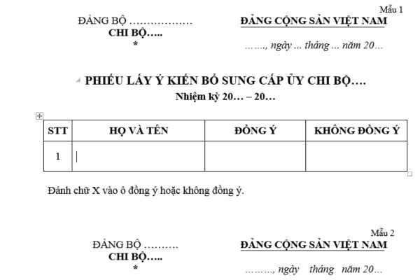 Mẫu Phiếu lấy ý kiến bổ sung cấp ủy và chỉ định chức vụ của chi bộ? Chi bộ có bao nhiêu đảng viên chính thức thì bầu chi ủy?